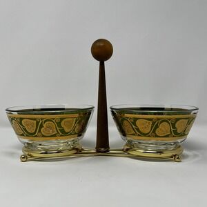 Culver Vintage MCM Green Gold Leaf Glass‎ Snack Caddy Set Wood Brass Handle